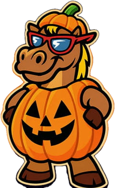 Typhoon the horse dressed as a pumpkin