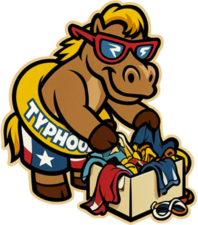 Typhoon the horse digging through a box of costumes